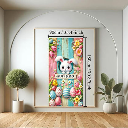 Happy Easter Door Cover Decoration Easter Eggs Bunny Door Banner Backdrop Photography Welcome Spring Outdoor Indoor Home Decors Supplies Party Decorations 70.8 x 35.4 inch