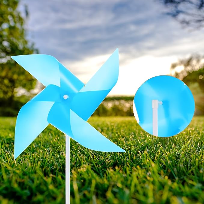 HARFINGTON 50pcs Windmills for The Yard Garden 15.7" x 9.1" 4 Leaves Pinwheels Wind Mills Spinners Windproof Waterproof Bird Devices with Stakes for Patio Decor, Light Blue