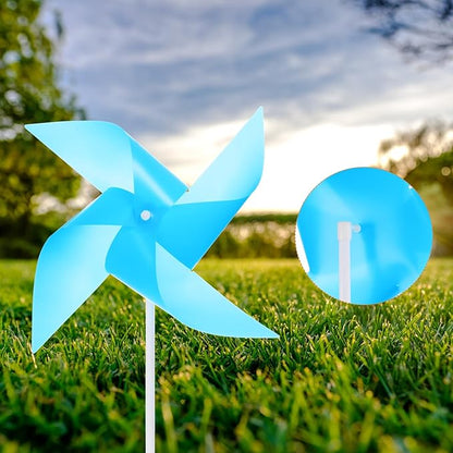 HARFINGTON 50pcs Windmills for The Yard Garden 15.7" x 9.1" 4 Leaves Pinwheels Wind Mills Spinners Windproof Waterproof Bird Devices with Stakes for Patio Decor, Light Blue