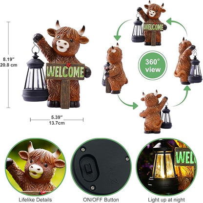 Highland Cow Decor Solar Garden Statues - Outdoor Figurines Decoration for Garden Yard Lawn Home Decor Outside : Unique Gifts for Mom Couple Grandma(Brown)
