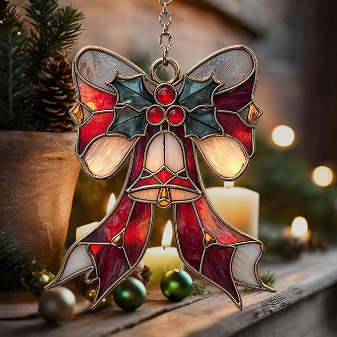 Winter Scarf Knot Mistletoe Acrylic Suncatcher Stained Glass Effect Window Car Hanging Christmas Ornament Indoor Outdoor Decor Garden Sun Catcher Panel for Women Mom Grandma