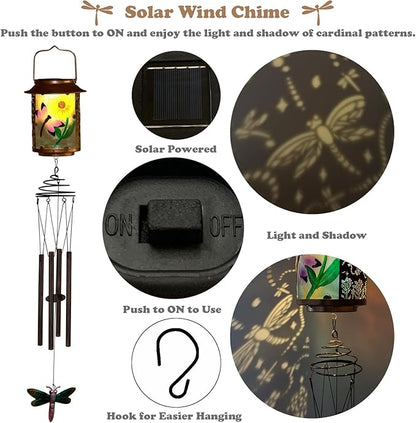 Solar Wind Chimes for Outdoor, Dragonfly Garden Decorations Memorial Wind Chimes Deep Tone, Sympathy Windchimes for Outside Garden Décor, Gifts for Mom, Grandma-Dragonfly