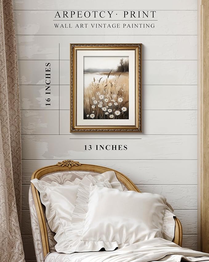 ARPEOTCY Vintage Gold Framed Wall Art, Wildflower Field Paintings, Floral Canvas Prints Artwork with Antique Frame, Victorian Wall Picture Decor for Room Gallery Living Room, 13x16 inch