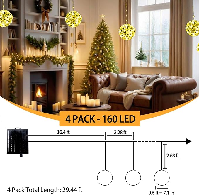 Solar Christmas Ball Lights - 160LED Outdoor Tree Globe String Lights, 8 Modes Waterproof Sphere Lantern Lights, Christmas Decor for Tree Garden Porch (Warm White, 4pack)