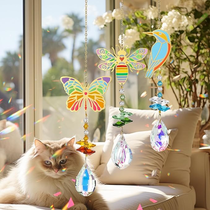 Crystal Sun Catcher, Butterfly Bird Bee Glass Window Hanging Ornament,Crystal Prism Suncatcher Outdoor Indoor Home Garden Party Decoration