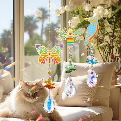 Crystal Sun Catcher, Butterfly Bird Bee Glass Window Hanging Ornament,Crystal Prism Suncatcher Outdoor Indoor Home Garden Party Decoration