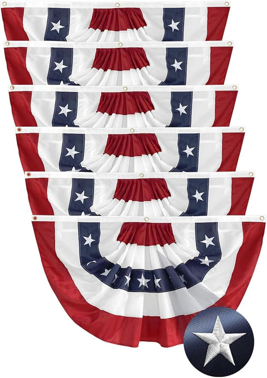 6Pack American USA Pleated Fan Flag, 2x4 Feet American USA Bunting Decoration Flags Embroidered Patriotic Stars & Sewn Stripes Canvas Header Brass Grommets