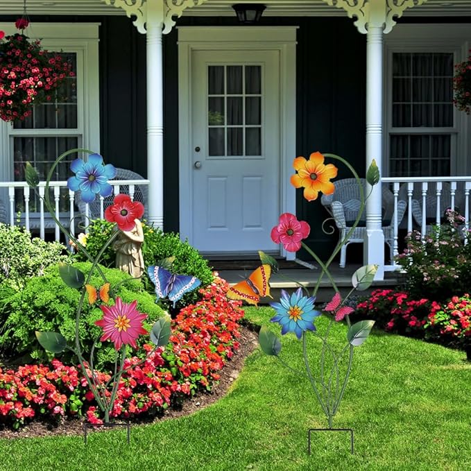 YEAHOME Garden Decor for Outside, 2 Pack 37“ Metal Butterfly Garden Stakes, Spring Wall Decor, Colorful Look & Personalities Flowers Yard Art for Outdoor Lawn Backyard Porch Patio Home Decorations