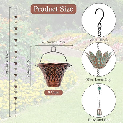 10.2ft Rain Chain for Outside, Lotus Rain Chain with 16 Cups, Adjustable Rain Catcher Chain for Outside, Replacement Downspout for Gutters, Eaves, Drainage
