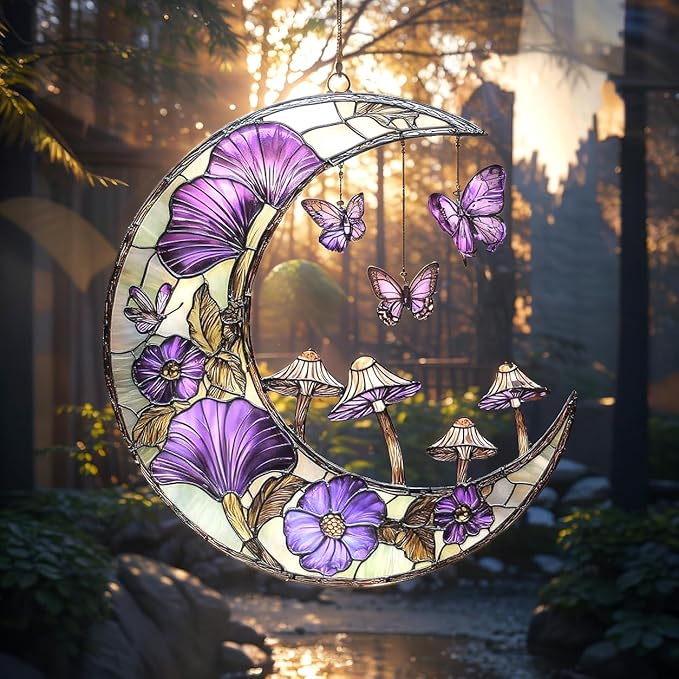 Crescent Moon Acrylic Suncatcher with Purple Flowers, Boho Suncatchers for Window Hanging Ornament, Art Garden Decor for Moon Lover, Gifts for Mother's Day, Mom, Grandma, Wife, Women, Nana