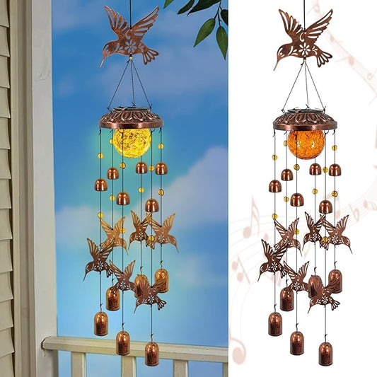 Solar Wind Chimes for Outside, Metal Hummingbird Wind Chimes with Cracked Glass Lights,Hanging Solar Lights for Outside,Yard,Patio,Garden,Porch Decor