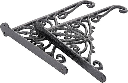 Sungmor Decorative Cast Iron Wall Bracket for Hanging Baskets – 2 Pack Heavy Duty Plant Hanger Hook for Outdoor/Indoor Use – Vintage Black Metal Hanging Bracket for Lanterns, Bird Feeders, Signs