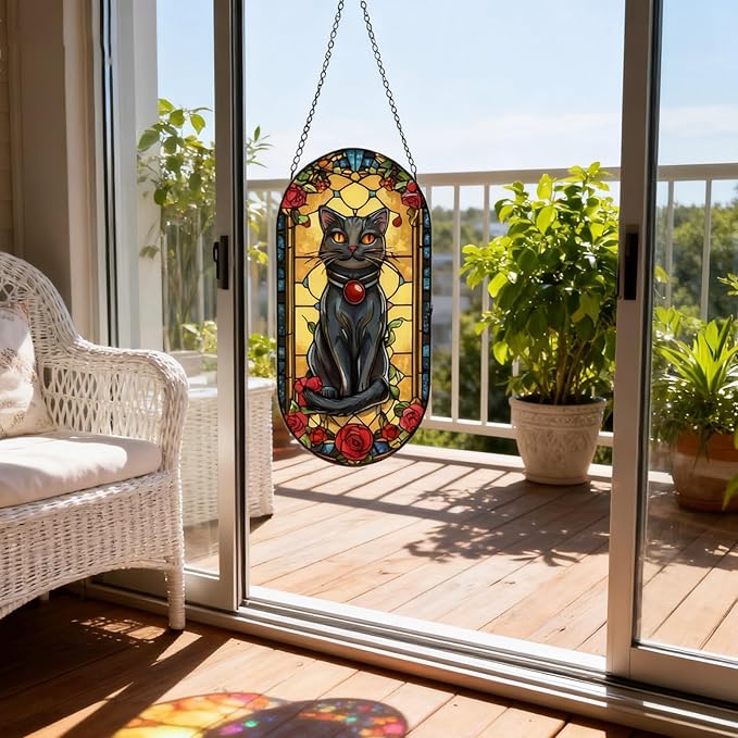 Stained Glass Window Hanging, Black Cat Sun Catcher for Window Door Wall Home Kitchen Living Room Meditation Decoration, Gifts for Women, Daughter, Mom, Father, Mother's Day Birthday