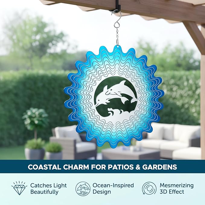 ISEO Dolphin Wind Spinner for Yard and Garden, Hanging Outdoor Decor, Yard Art, Porch and Patio Decorations, Metal Wind Spinners Outdoor, Weather Resistant, 12”