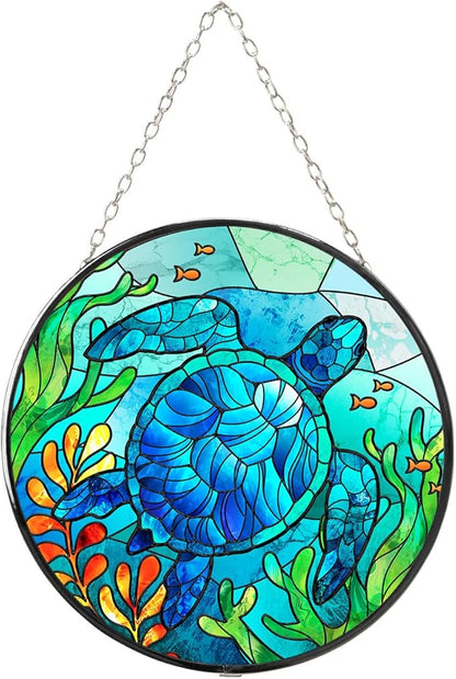 WIRESTER Stained Glass Suncatcher 6 Inch, Glass Panel with Metal Chain, Sun Catcher Window Hanging Ornament for Indoor Outdoor Wall Art Home Decoration - Sea Turtle Ocean