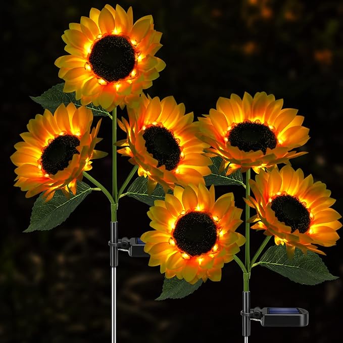 Meagoo Solar Sunflower Lights, 800mA Solar Garden Light with Real Looking Flowers Outdoor Waterproof Solar Stake Lights for Back Yard, Flower Bed, Pathway, Patio, Porch, Fall Decoration (4 Pack)