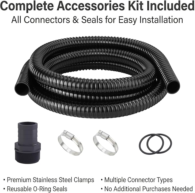 Corrugated Pond Tubing - Flexible, Kinkproof, Reinforced PVC Hose for Water Gardens, Pumps, Waterfalls & Aquaculture (20 Feet Black, 1-1/2 Inch)