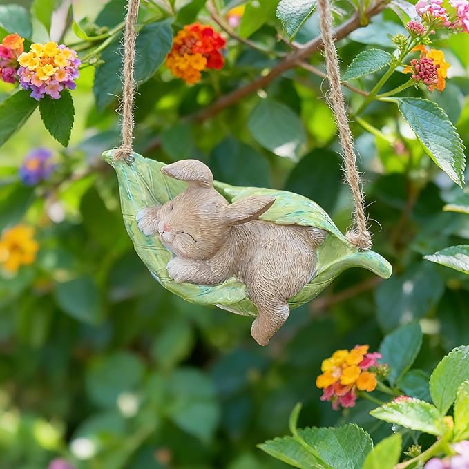 Rabbit Garden Décor Hanging Statue - Bunny Décor Hanging on Tree Branch Rabbit Swing Statue Bunny Easter Tree Décor Outdoor Ornaments Resin Sculpture Yard 4.96 * 2.3 * 2.3 Inch