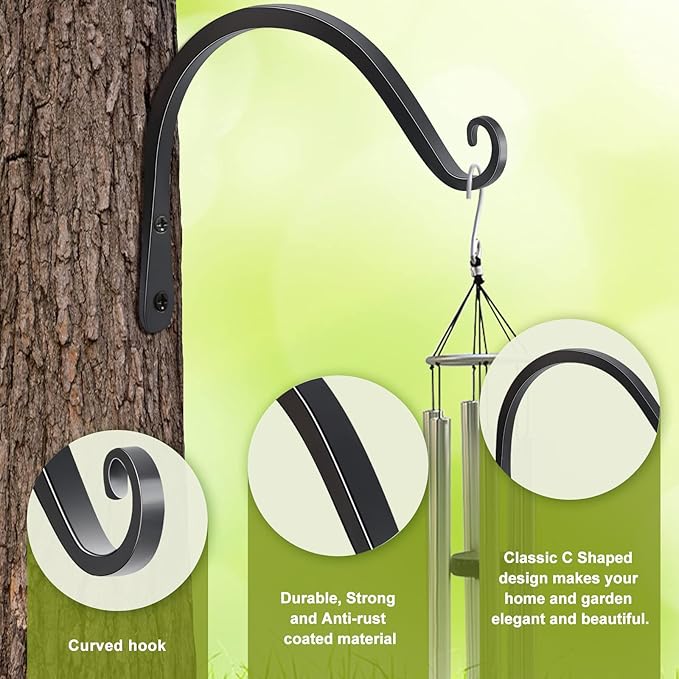 FEED GARDEN Heavy Duty Plant Hooks - 2 Pack 8 Inch Wall Mounted Hanging Brackets, 44lb Capacity Steel Plant Hangers for Bird Feeders, Baskets, Wind Chimes - Black