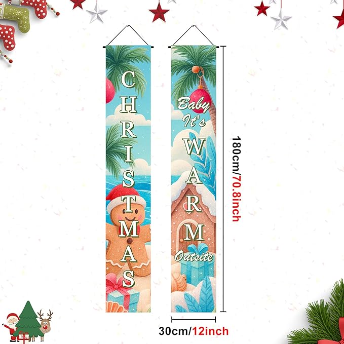 BlissYard Tropical Christmas Porch Banners 12x71 Inch Merry Christmas Door Banner Beach Gingerbread Man House Poinsettia Decor Xmas Welcome Hanging Signs Warm Weather Holiday Home Decor for Front Door Party Outdoor Decoration
