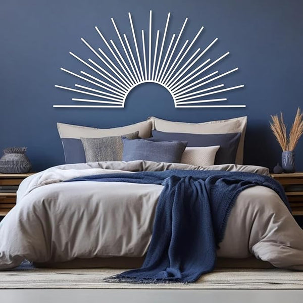 Yemwot Sun Metal Wall Decor, Metal Sun Wall Decor Outdoor, Sunrise Art, Minimalist Line Art, Boho Sign, Living Room, Bedroom or Outdoor Hangings (White, 39"x 19"| 100x50cm)
