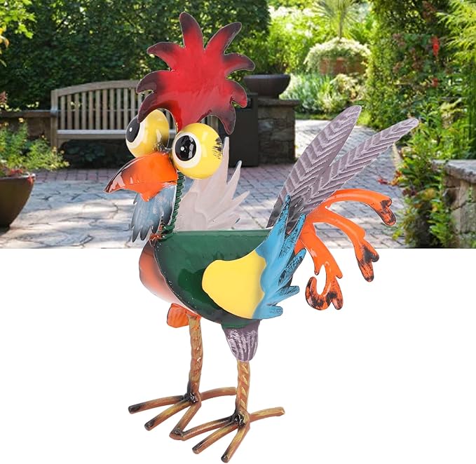 8.3 Inch Wacky Metal Rooster Garden Statue, Handcrafted Iron Rooster Decor for Outdoor Yard and Indoor Desk