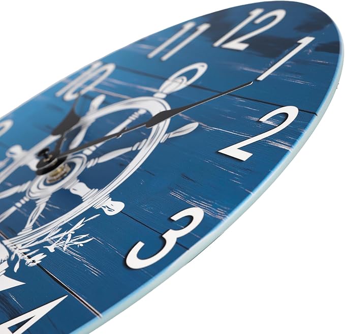 Nautical Outdoor Clock Waterproof -14" Silent Navy Blue Coastal Decor Indoor Outdoor Wall Clocks Battery Operated for Patio, Pool, Porch, Backyard, Bathroom - Boat Ship Steering Wheel Theme
