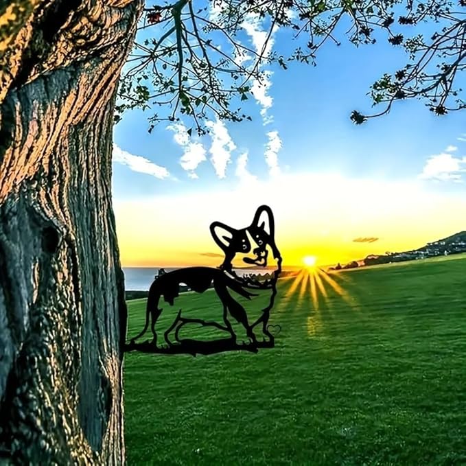 Cute Corgi Dog On Branch Steel Silhouette Metal Tree Hanging Decor Art Home Garden Yard Patio Outdoor Statue Stake Decoration