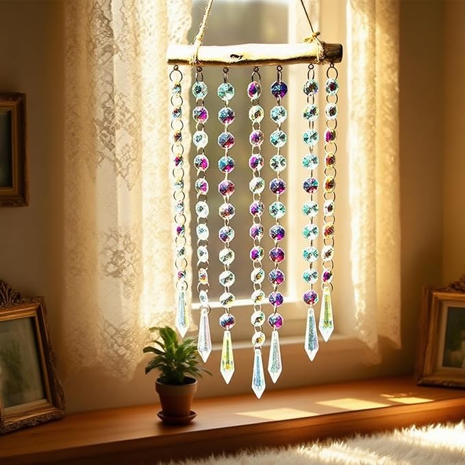Crystal Window Suncatchers, Hanging Prism Sun Catcher Ornament Garden Rainbow Maker Wind Chime Crystal Prisms Ornament for Wedding, Party, Bedroom Decor