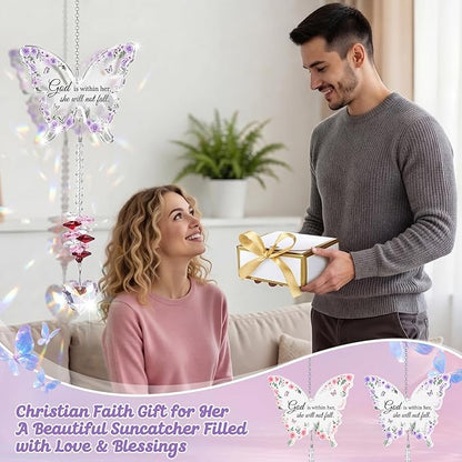 Didaey 2 Pcs Christian Crystal Butterfly Suncatchers Inspirational Religious Gifts for Women Pink Purple Windows Car Hanging Ornament with Greeting Card and Gift Box for Mom Friend Mother's Day