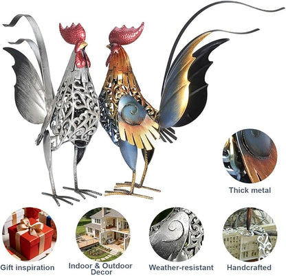 18" Metal Roosters Garden Statues Outdoor Decor - Carved Iron Rooster Yard Art for Patio, Lawn, Backyard, Farmhouse - Chicken Lover Gifts-Set of 2