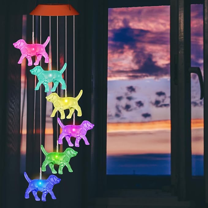 Dog Solar Wind Chimes for Outside Colors Changing Lights Outdoor Waterproof Multicolor Wind Chime Gifts for Mom Grandma Mobile Hanging Windchimes for Garden Party Yard Window Decor