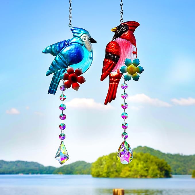 Cardinal and Blue Jay Suncatchers, Stained Glass Birds Hanging Ornament for Christmas Windows, Crystal Bird Sun Catcher Outdoor Decor