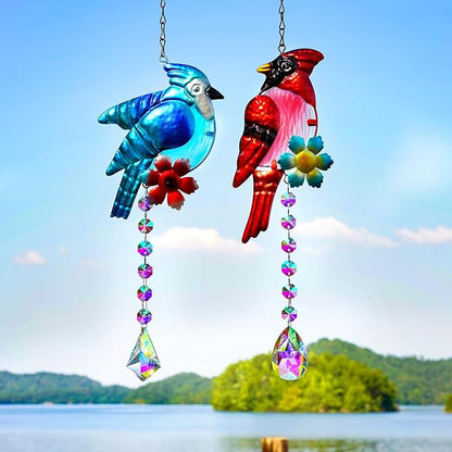 Cardinal and Blue Jay Suncatchers, Stained Glass Birds Hanging Ornament for Christmas Windows, Crystal Bird Sun Catcher Outdoor Decor