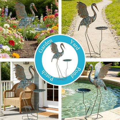 Heron Outdoor Statues with Leaf Tray, Large Crane Garden Statue for Outside, Elegant Metal Crane Yard Art Garden Decor for Garden Yard, Porch
