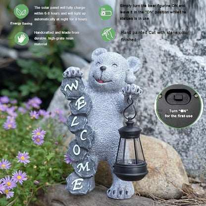 Bear Figurine Light Solar Powered Led Light- Welcome Lawn Decor Bear Garden Statues for Patio, Balcony, Yard Ornament, Outdoor Figurine Light House Housewarming Gifts, 7.8x4.13inch