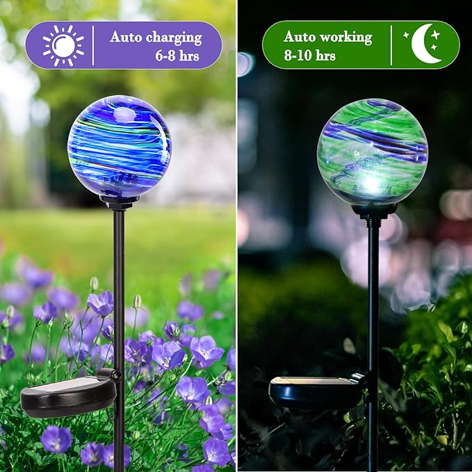 Solar Outdoor Decorative Lights Color Swirl Solar Garden Stake Glaze Glass LED Garden Globe Lights Outdoor Decorative Light for Pathway Yard Lawn Decoration 2 Pack Blue&Green