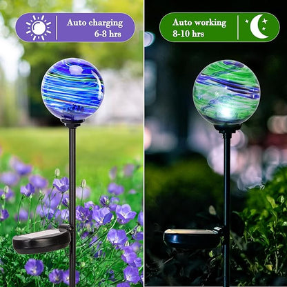 Solar Outdoor Decorative Lights Color Swirl Solar Garden Stake Glaze Glass LED Garden Globe Lights Outdoor Decorative Light for Pathway Yard Lawn Decoration 2 Pack Blue&Green