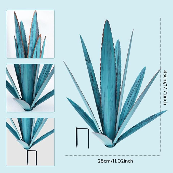 Metal Agave Plants Outdoor Decor with Stake, Rustic Metal Cactus Yard Art, Waterproof Yard Sculpture Outdoor for Garden Patio Lawn Home Decor, Blue, Small, Sculpture