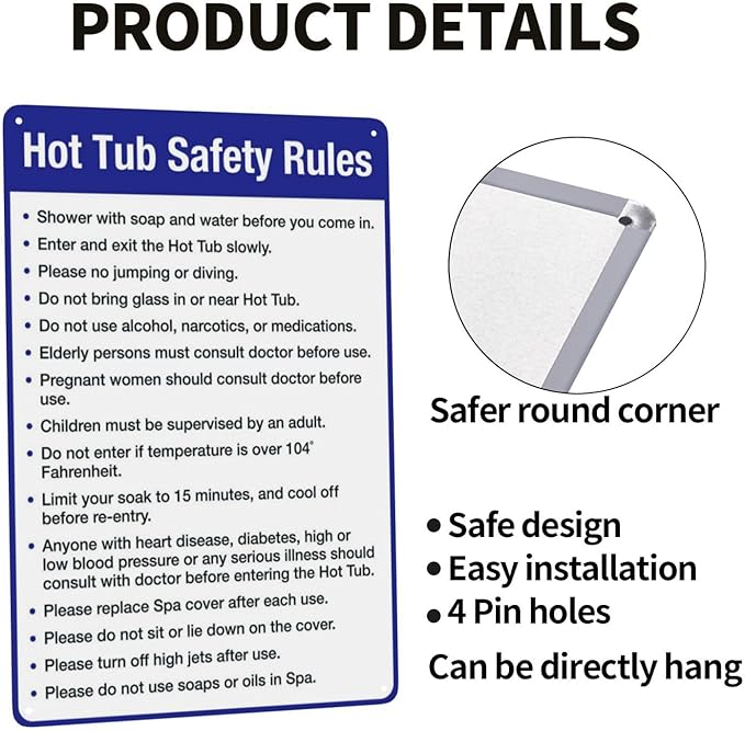 Aluminum Warning Sign, Hot Tub Safety Rules, Pool Sign, Vintage Style, Silver, 8 X 12 Inches