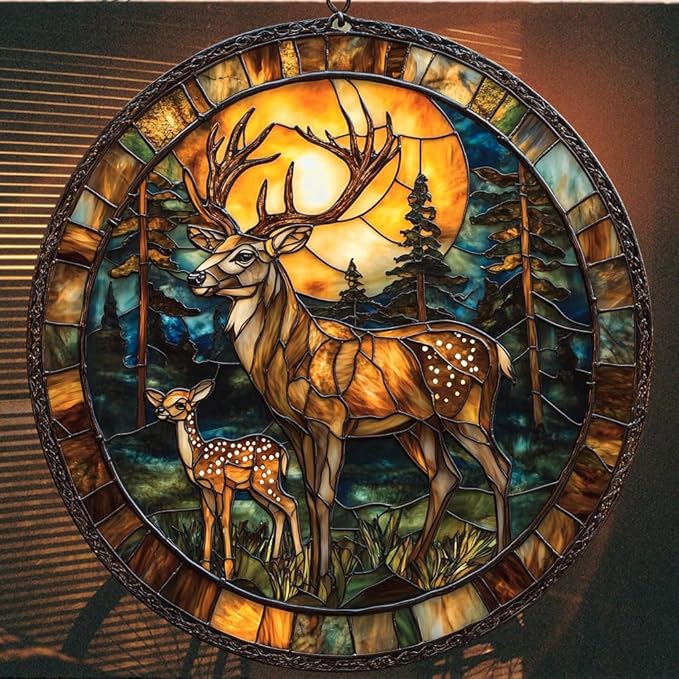 Deer Acrylic Suncatcher Stained Glass Effect Window Car Hanging Christmas Ornament Indoor Outdoor Decor Garden Sun Catcher Panel for Deer Lover for Women Mom Grandma