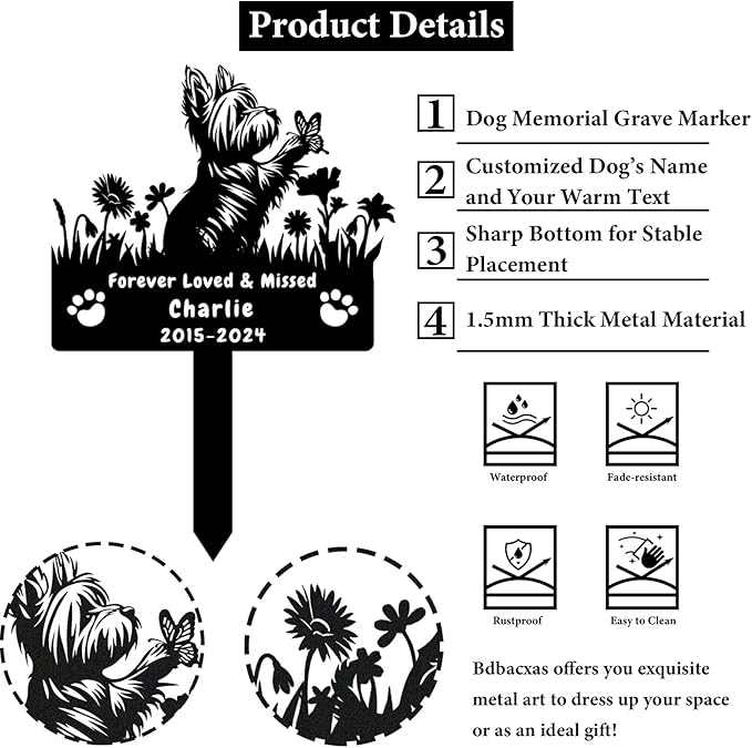 Custom Yorkshire Terrier Dog Memorial Grave Marker,Personalized Metal Flora Dog Memorial Garden Stake,Dog Memorial Plaque Burial Stake Engraved Sign,Sympathy Stake for Lost Dog,Dog Headstone