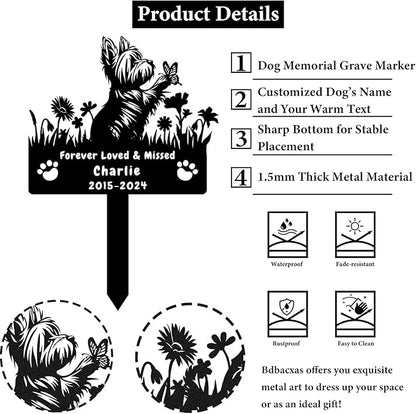 Custom Yorkshire Terrier Dog Memorial Grave Marker,Personalized Metal Flora Dog Memorial Garden Stake,Dog Memorial Plaque Burial Stake Engraved Sign,Sympathy Stake for Lost Dog,Dog Headstone