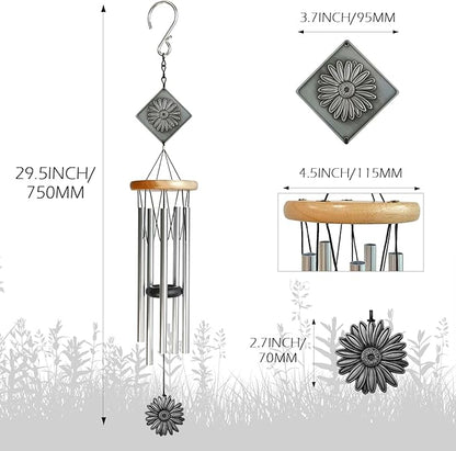 Daisy Wind Chime for Outside,29 "Memorial Outdoor Wind Chimes Sunflower Gifts for Women/Mother/Father/Christmas,Unique Windchimes Outdoors Daisy Garden Patio Home Yard Decor (Silver)