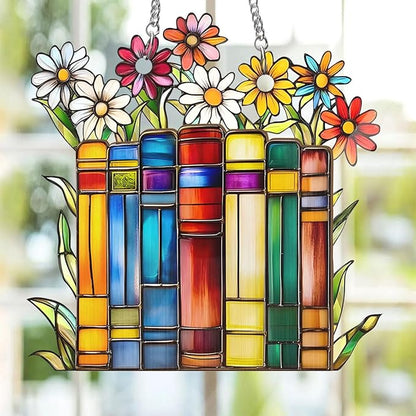 Jesuspirit - Window Hanging Suncatcher – Crystal Clear Acrylic & Wood Sun Catcher for Home Decor, for Women (Flower Book Library Decor, 6 Inches)