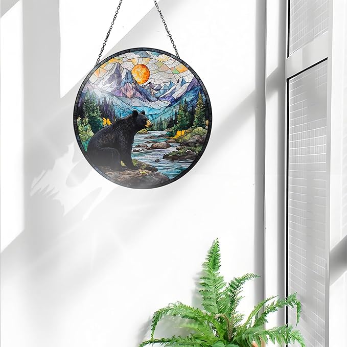 Bimkole Bear Stained Glass Suncatcher Window Hanging - Animal Tree Indoor Window or Doorway Decoration - Handmade Sun Catcher Decor for Garden Home Christmas & Birthday Gifts 7.87x7.87 inch