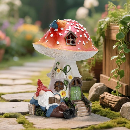 Solar Mushroom Statue Outdoor Decor,Gnome Reading Under Mushroom Figurine with LED Light, Fairy Garden Patio Lawn Yard Decor Christmas Housewarming Gifts for Women Mom Grandma