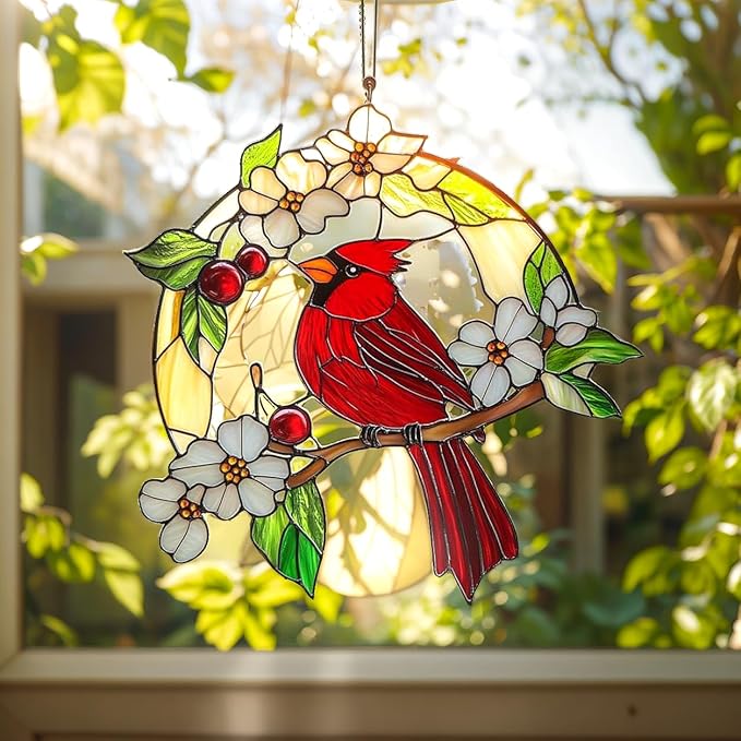 Cardinal Red Bird Suncatcher Memorial Suncatchers for Window Hanging Ornament Sympathy Stained Glass Effect Art Garden Decor for Cardinal Lover Gifts for Mother's Day, Mom, Grandma, Wife, Women, Nana