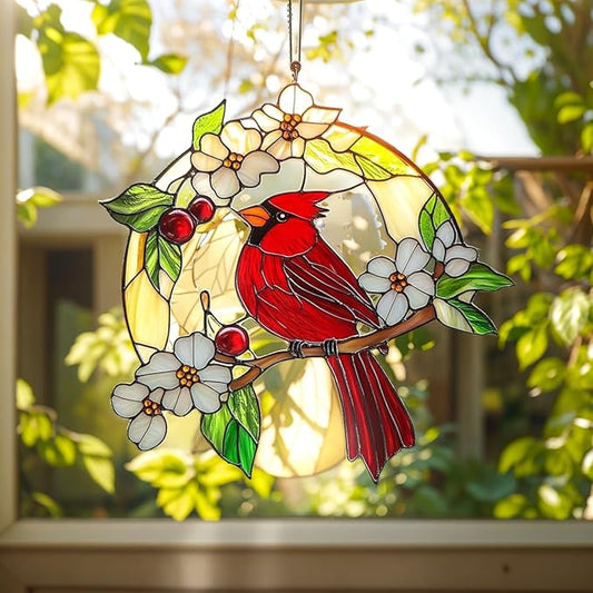 Cardinal Red Bird Suncatcher Memorial Suncatchers for Window Hanging Ornament Sympathy Stained Glass Effect Art Garden Decor for Cardinal Lover Gifts for Mother's Day, Mom, Grandma, Wife, Women, Nana