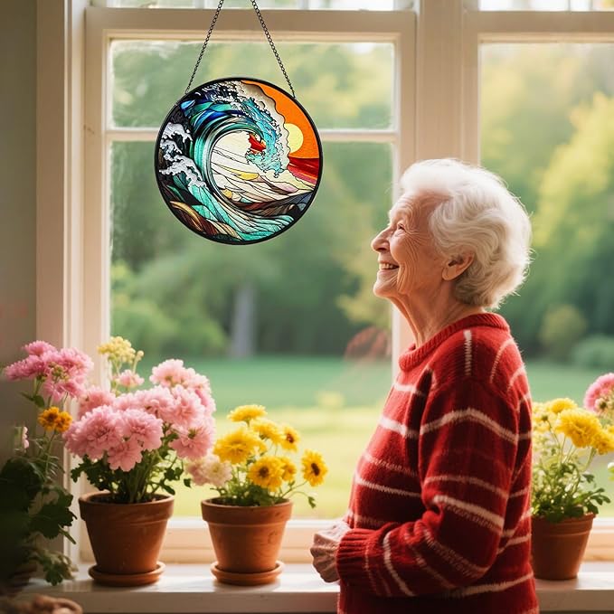 Suncatcher Stained Glass Window Hanging - Waves Glass Panel with Metal Chain and Hooks Handmade Sun Catcher Decoration for Window Garden Home Christmas & Birthday Gifts
